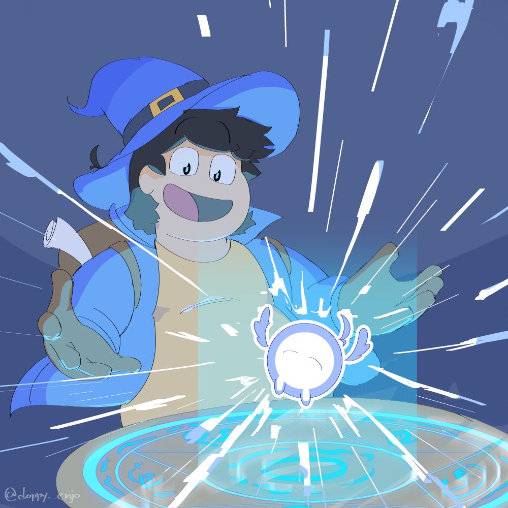 Wizard Doppy standing behind a table with runes written on it, glowing. Out of the runes emerges a tiny winged creature made of light with tiny arms and eyes, and also a matching cowlick with Doppy.