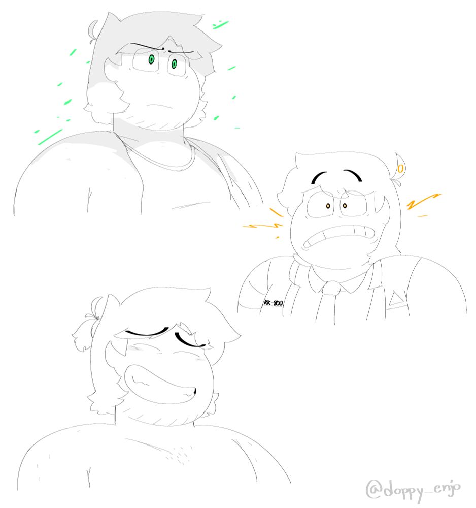 A series of face drawings of future doppy 

Future Doppy in his normal outfit with a serious expression in his face with green glowing eyes and green glowing particles

DBH Doppy malfunctioning with a stressed look on his face

Doppy in his summer outfit (uhhh fuck I just realized that its not visible in this image Goddamnit oh God oh Fuck) with a smiley blushy face 
