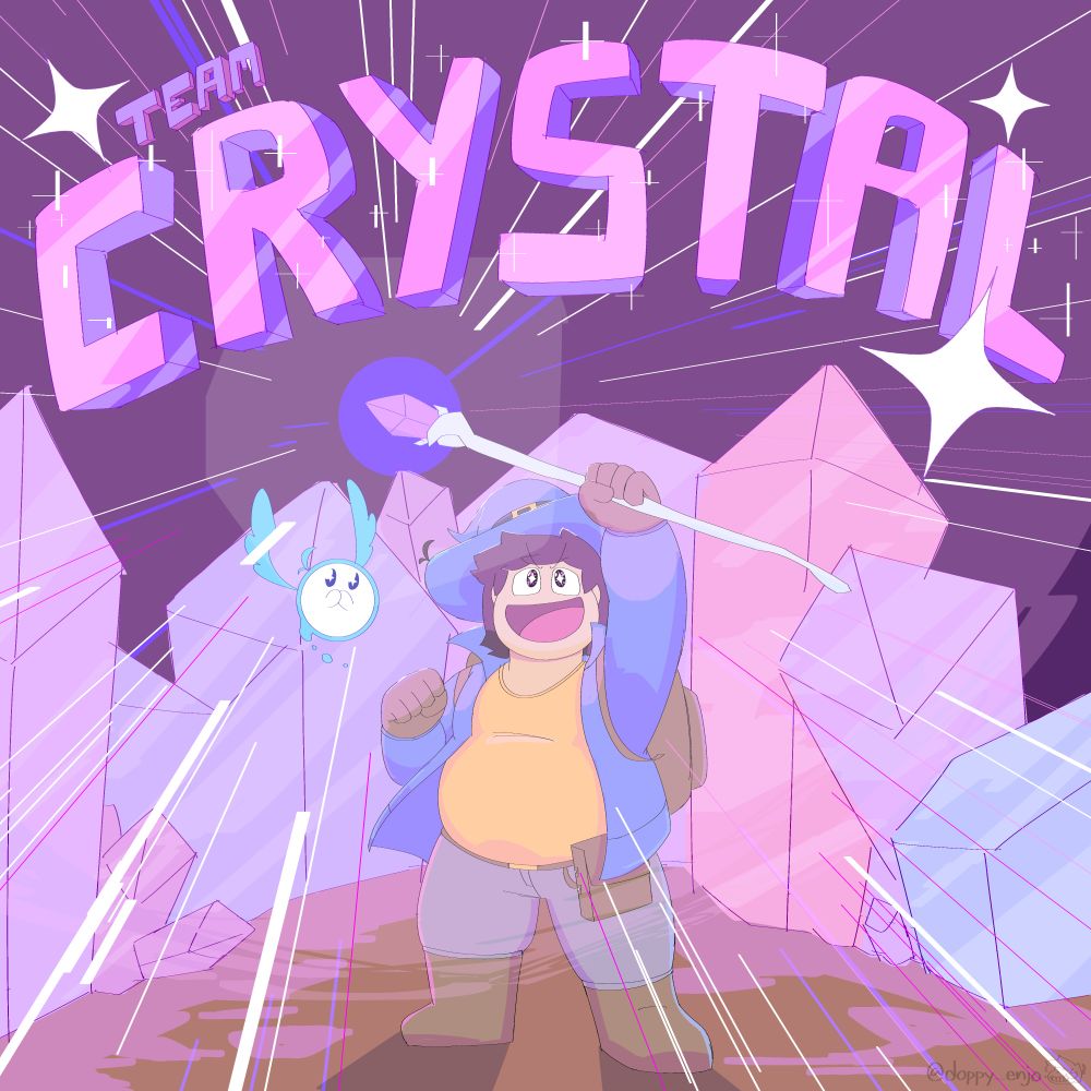 Wizard Doppy and the Doppwisp in a cave full of crystals. Doppy is holding up a staff made of white wood and a crystal embedded on the end, radiating a bright light. Both of them are mesmerized by the light of the staff.

Big bold text made of crystal: "TEAM CRYSTAL"
