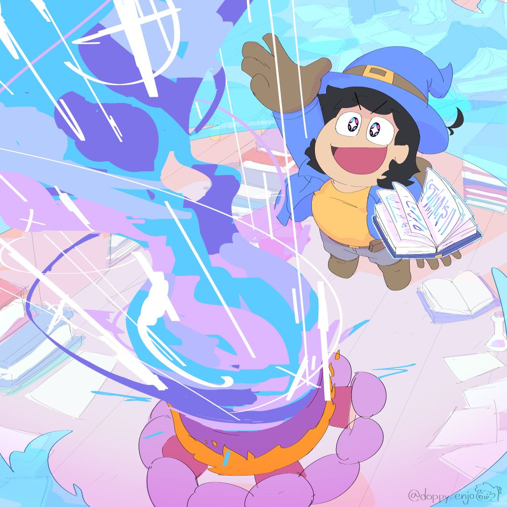 Doppy in a wizard outfit holding a tome on his hand with glowing writing, standing in a room with scattered tomes and pages, with a cauldron in the center standing on a fire. His hand is raised up casting a spell, causing a torrent of magic to erupt from the cauldron.
