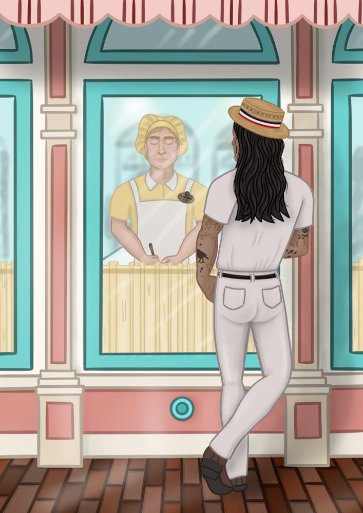 A drawing of Ed, leaning against the window frame, watching Stede work in the window of the Candy Palace. Stede's outfit is a yellow shirt and puffy yellow hat, with a white apron, and he has a slight smile on his face, looking down at his work. There is a blush on his cheeks. Ed is wearing his skipper uniform of a straw hat, and grayish-cream shirt tucked into pants of the same color. He's standing casually, but very clearly looking at Stede. He's seen from behind.