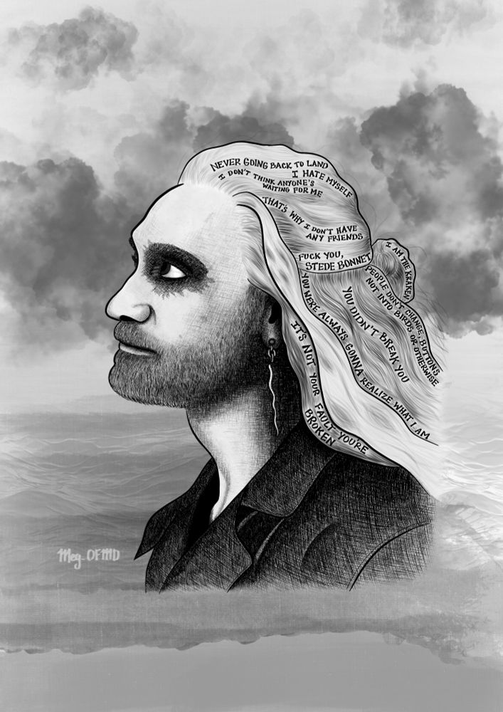 Drawing of Ed with his kraken makeup, looking up toward the sky. There are different quotes in his hair from sad things he said. It’s black and white. 