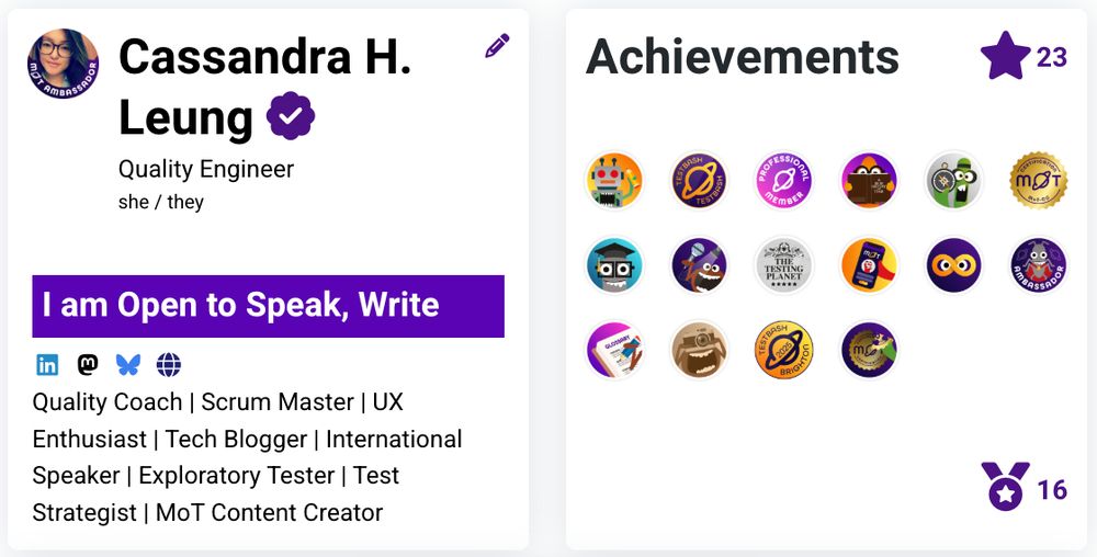 Screenshot of Cassandra's Ministry of Testing profile header, showing 16 badges earned and 23 Community Stars awarded