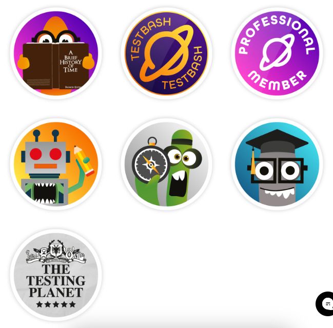 MoT badges for avid reader, TestBash trailblazer, career champion, bio builder, Club explorer, The Testing Planet contributor