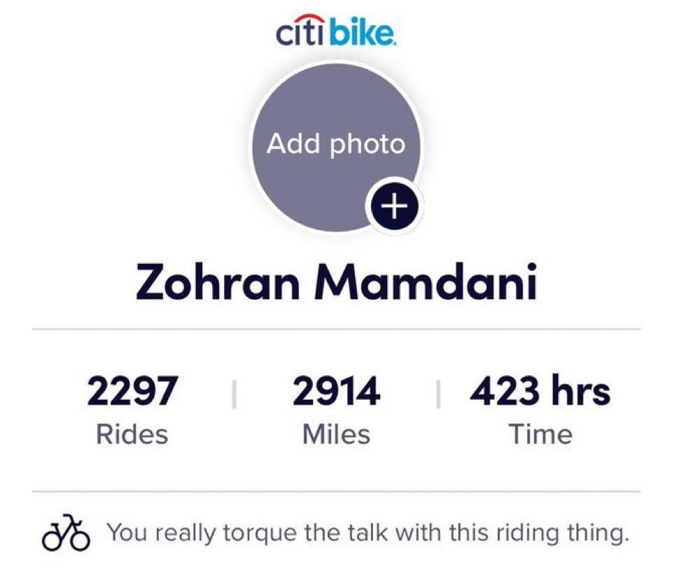 Zohran’s Citibike stats showing 2297 rides, 2914 miles and 423 hours