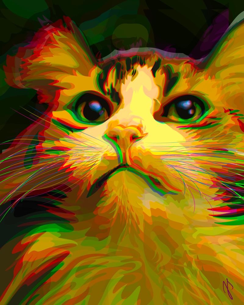 A colorful digital illustration by Jae Savaiano of Fergus, a fluffy cat sitting looking up into the distance