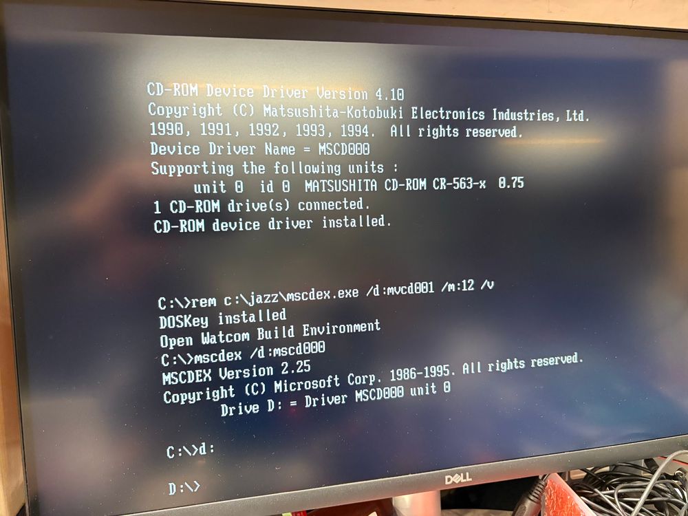 Photo of a monitor showing the Matushita CDROM driver and MSCDEX being loaded successfully. 