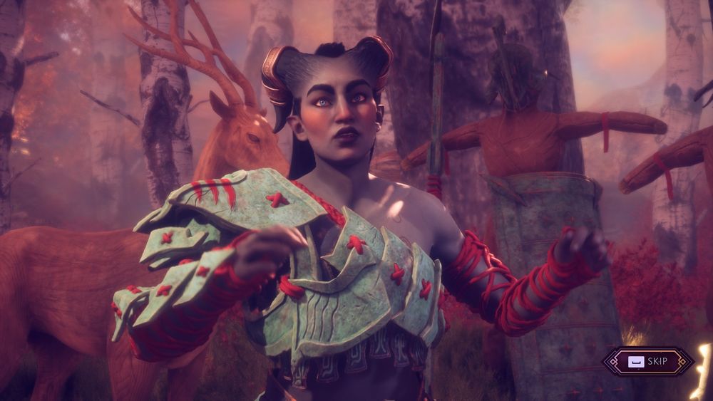 The same Qunari Rook, this time in the forest, wearing some Qunari plate armor and raising her arms in surprise.