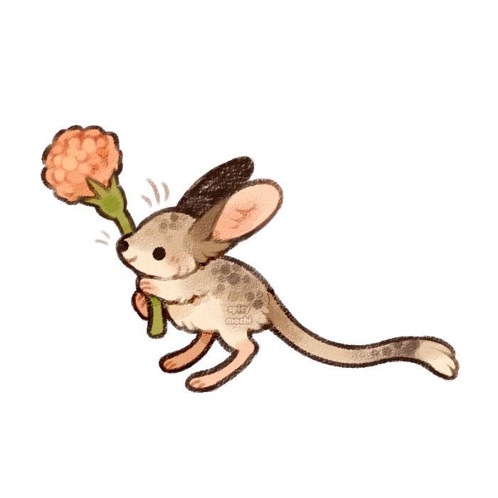 Illustration of a little jerboa holding up a flower
