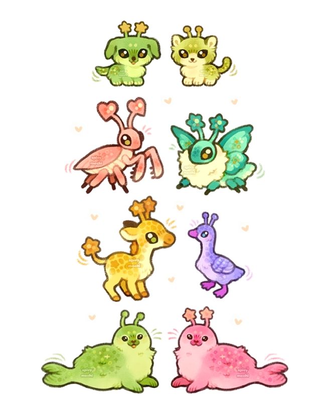 illustration of a cat, dog, mantis, moth, giraffe, goose, and two seals, all drawn as colorful aliens from outer space