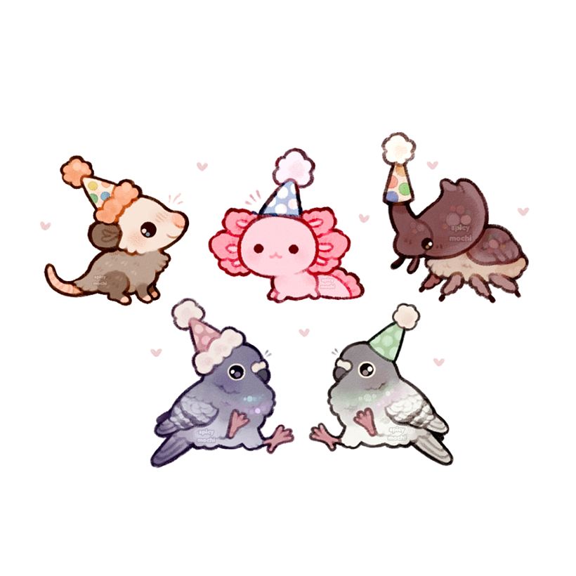 Illustration of a possum, axolotl, bug, and pigeons wearing party hats