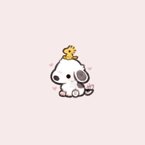 Illustration of Snoopy as a puppy with Woodstock sitting on his head 