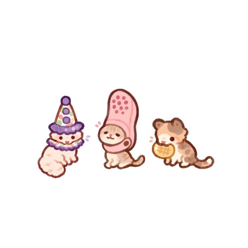 Tiny illustrations of a clown cat, a cat wearing a croc as a hat, and a kitty holding a waffle in its mouth