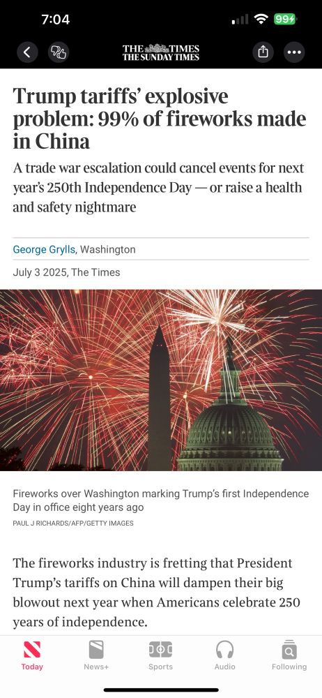Screenshot of the Times for July 3, 2025. “A trade war escalation could cancel events for next year’s 250th Independence Day—or raise a health and safety nightmare.” With a photo of iconic buildings in Washington DC at night with fireworks. 