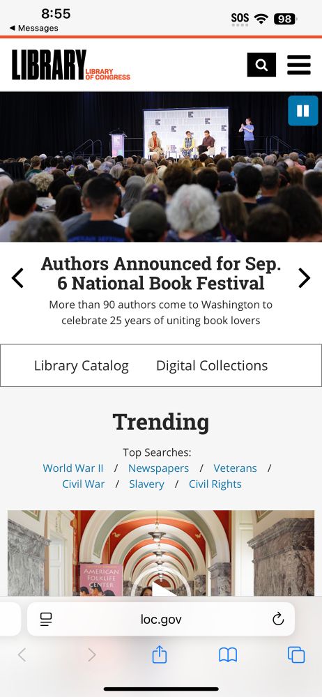 Screenshot of the Library of Congress homepage. The photo is of me interpreting at the National Book festival in 2024. The headline reads: Authors Announced for Sep. 6 National Book Festival.