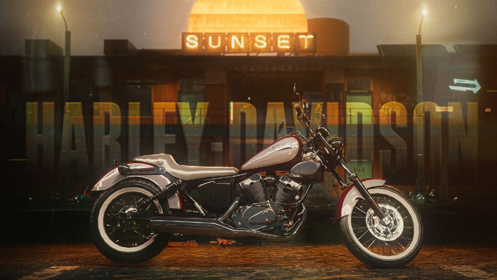 Screenshot from the game Cyberpunk 2077, showcasing a new vehicle mod - a customized two-tone red and white Harley Davidson is parked in front of the Sunset Motel. The words "Harley Davidson" can be seen behind the motorcycle.