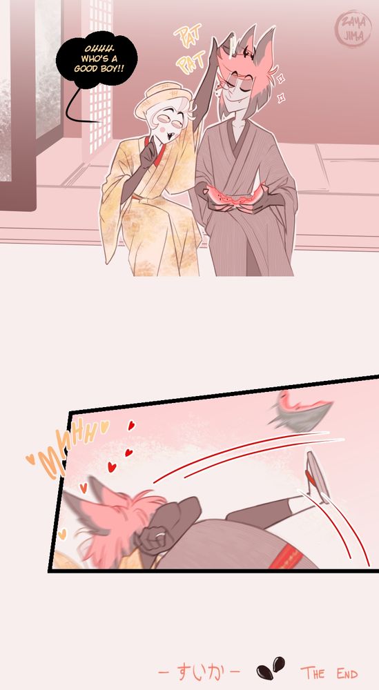 Because Vox referred to Alastor as Lucifer's “lapdog,” Lucifer praises him in a joking manner. Alastor attacks him with kisses.
Get a room. You're in public AND in front of the TV man