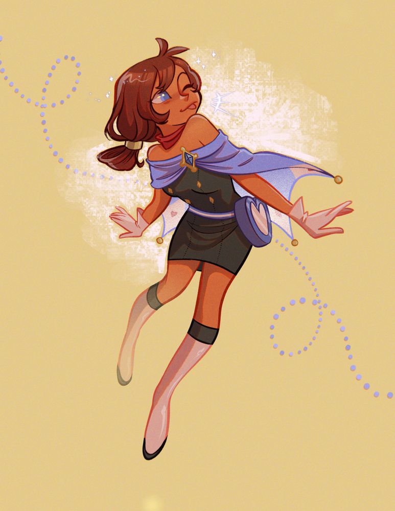 full body drawing of trucy from ace attorney sticking her tongue out on a pale yellow background