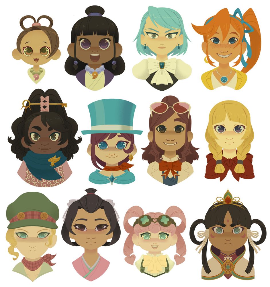 bust-up illustrations of the following ace attorney characters: pearl, maya, franziska, athena, kay, trucy, ema, espella, gina, susato, iris, and rayfa