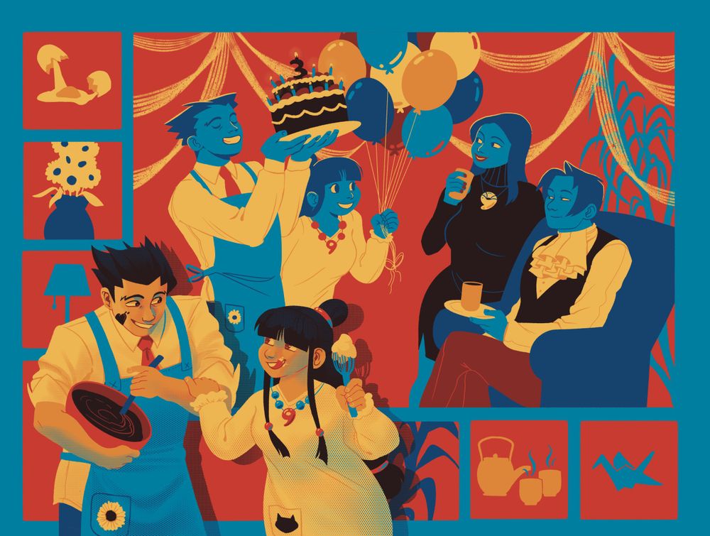 drawing in a limited palette of primary colors. In the foreground, maya and phoenix wearing their aprons from PLVSPWAA mixing a bowl of cake batter together. In the background, they're presenting a big cake and a bundle of balloons to mia and edgeworth 