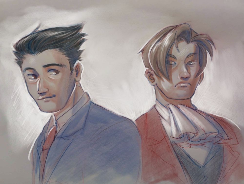 bust shot of phoenix wright and miles edgeworth