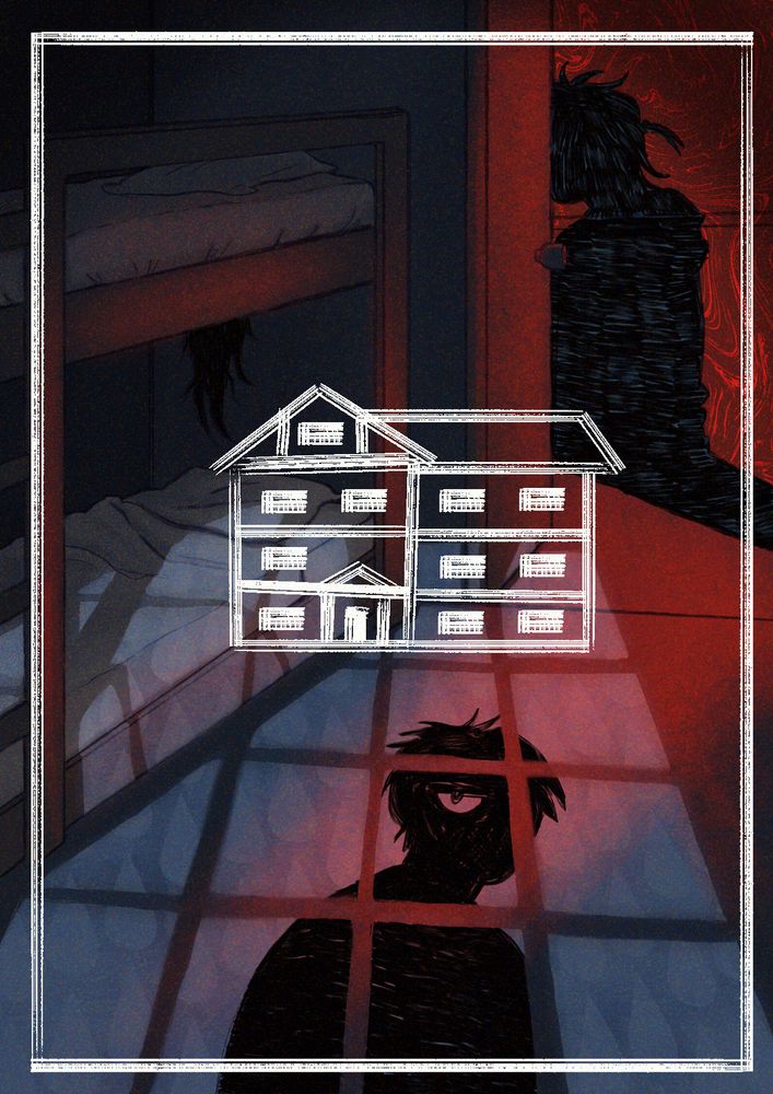 haejoon's dorm room from no home. you can see eunyung's shadow through the open door, surrounded by his red aura. haejoon's shadow is cast on the ground by light from a window that has his blue teardrop pattern. miyung's hair is visible from below the top bunk. there's a white line drawing of the dormitory building on top