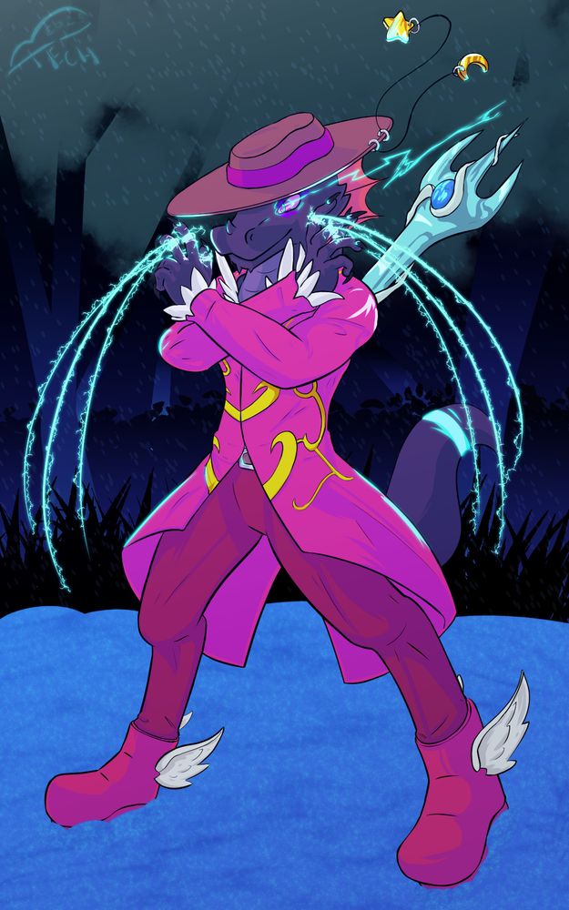 a black dragonborn, donned in a pink jacket with yellow trim, dark pink pants, and pink boots with wings on them. they're peering out from underneath their hat, which has a star and moon charm hanging from it. blue lightning is streaking from their eye, and three strings of lightning are being pulled by fingers from each of their hand, as if puppeteering them. they stand in a dark, snowy forest.