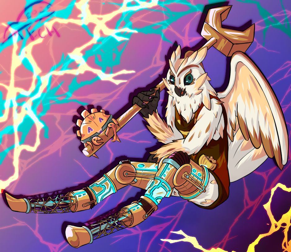 An owlfolk sitting down, wearing a brown and amber apron. Her prosthetic legs are stretched outwards, looking to be made of brass, silver, and featuring electric blue light trims. She holds a giant wrench over her shoulder, and a mechanical crab is hanging on the bottom of it, looking happy to be here.