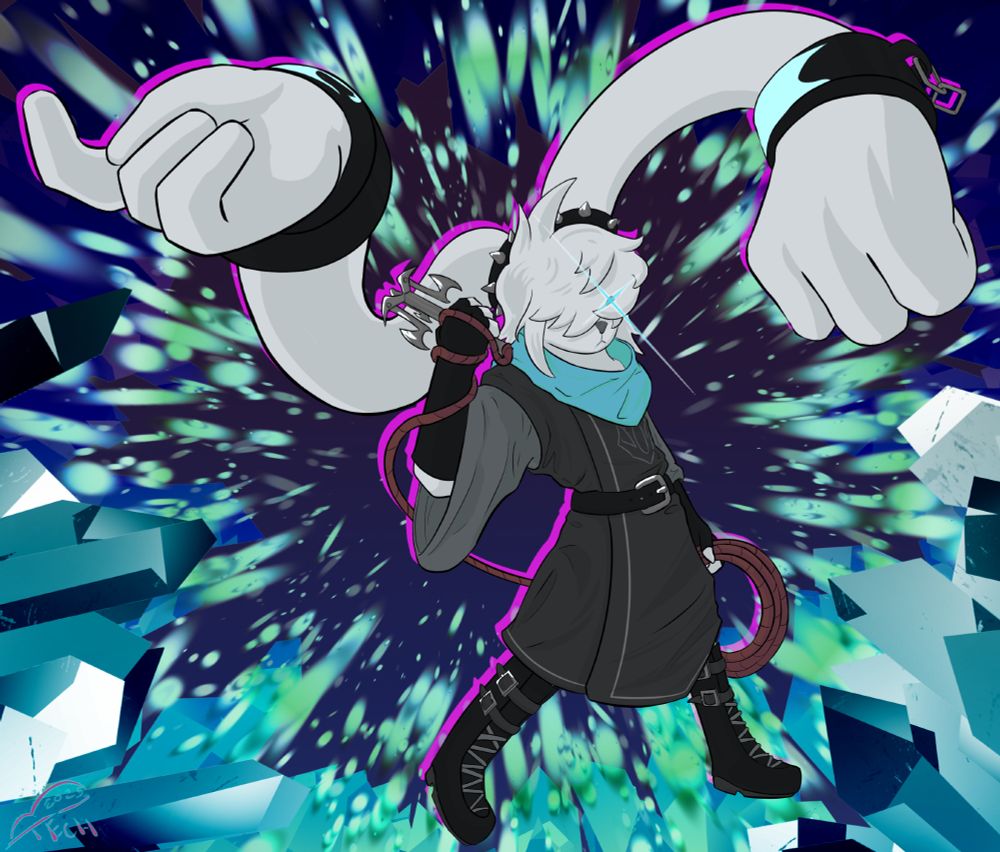 an anthro, rabbit-like critter with arms for ears. they're stood in the midst of shining crystals, and don a dark grey cloak, black boots, black belt, black gloves, and a cyan bandana. long, grey hair covers the top of their face, no eyes visible. a blue gleam shines from behind a strand of hair, however.
they hold a grapnel in one hand, and a spool of rope attached to the grapnel in the other. as for the ear-hands, one is doing a "come here" gesture while the other is balled into a fist.