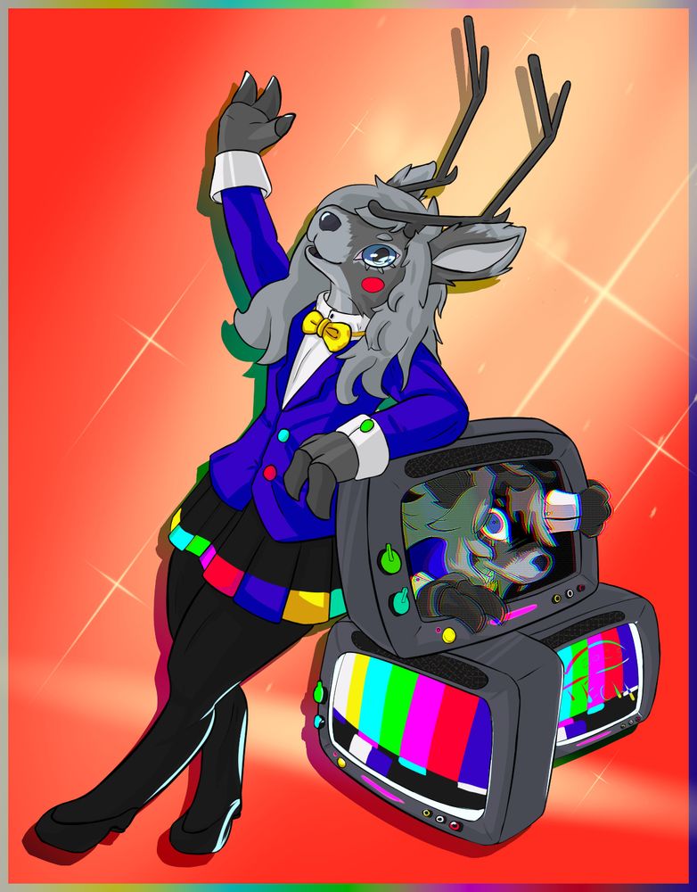 an anthro caribou dressed similar to miku from flavor foley's song, "static". they're waving cheerily to the viewer and leaning on a stack of CRT televisions, the bottom two displaying a color calibration screen. the top television, however, has a much less friendly-looking grey beginning to crawl out of it.