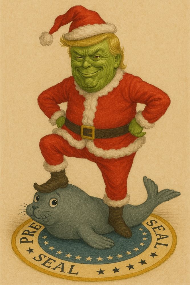 Donald J. Grinch stepping on the Presidential SEAL