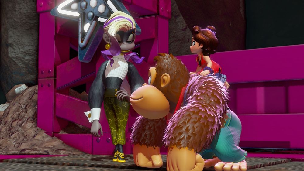 Donkey Kong Bananza screenshot. DK and Pauline are smiling up at Poppy Kong who is posing stylishly and properly smiling back down at them.