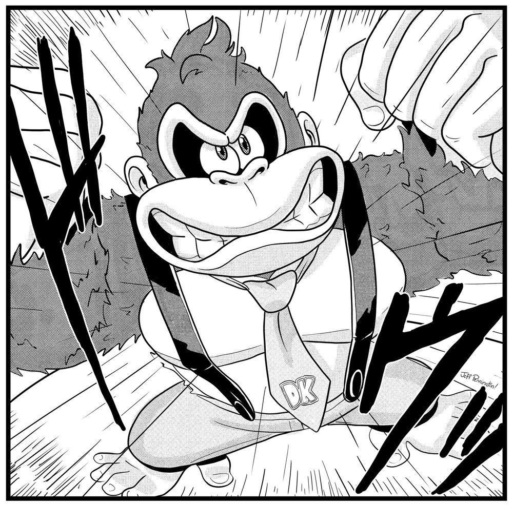 Digital illustration of Donkey Kong powering up in the style of a classic shounen manga like Dragon Ball Z or Naruto based on his appearance in Donkey Kong Bananza. He’s clenching his teeth and flexing as power radiates off of him. Two unidentified sound effects that I lifted from a panel of Trunks powering up in DBZ complete the manga look.