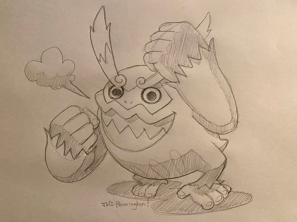 Sketch of the Pokemon Darmanitan, an orbified gorilla mixed with a daruma doll with flaming eyebrows. He’s got his dukes up and stepping foward with a huge huff escaping his mouth - he’s ready to rumble.