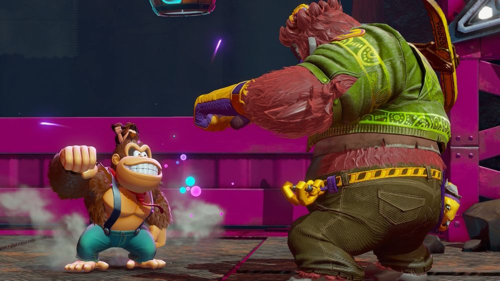 Donkey Kong Bananza screenshot. DK is fist bumping Grumpy Kong with a big grin on his face while Pauline pumps her fist in the air on his back.