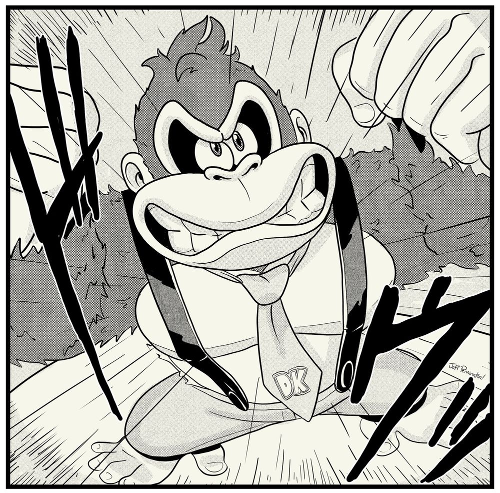 Digital illustration of Donkey Kong powering up in the style of a classic shounen manga like Dragon Ball Z or Naruto based on his appearance in Donkey Kong Bananza. He’s clenching his teeth and flexing as power radiates off of him. Two unidentified sound effects that I lifted from a panel of Trunks powering up in DBZ complete the manga look. This is the second version of this piece with touched up line art and more texture work.