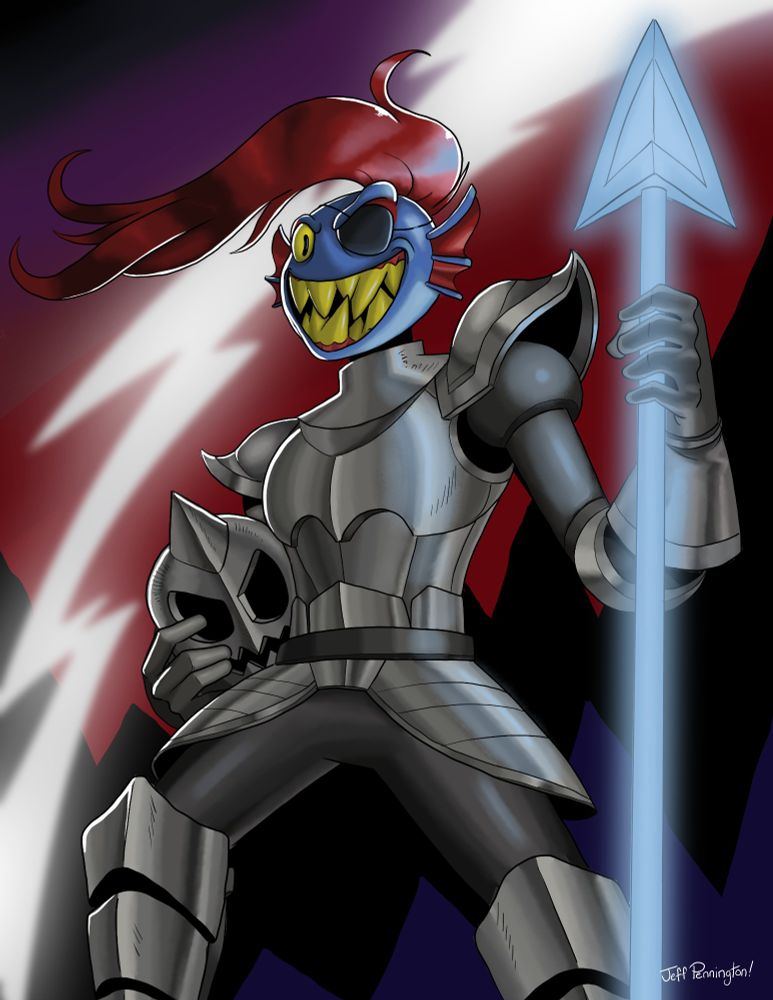 Undyne, from the Video Game "Undertale" posting dramatically in front of a thunderbolt cracking in the background. She is a weirdo fish monster with blue skin, red hair, and yellow eyes and teeth. She's wearing a full suit of silver armor overtop of a black bodysuit and holding her helmet under her arm. In her left hand she's clutching her magical spear which glows with a mystical light. The wind is flowing her ponytail through the air and she's grinning manically with her fugged up jagged ass teeth. She looks super badass.