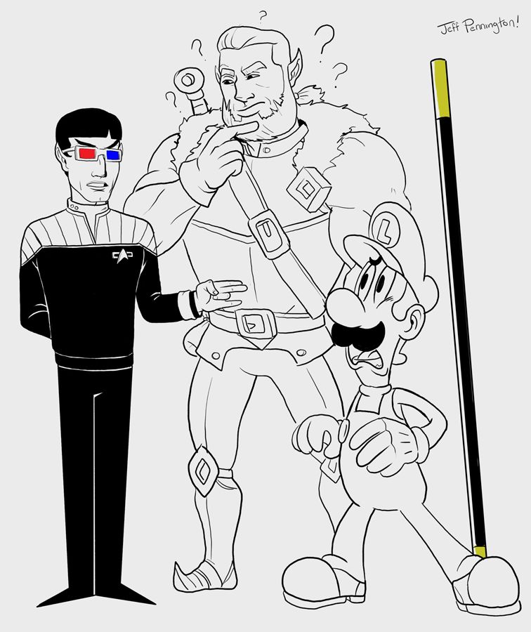Digital sketch from my birthday, 2020 where I drew the last three D&D characters I had played in various game types. From left to right:
Sarus, a Vulcan Xenolinguist studying 20th and 21st Century Earth slang and colloquialism who has gotten completely lost in the sauce. Currently in this piece he's showcasing "The Shocker" to the other two dispassionately.
Bron Hawkind, a hulking idiot half-elf with a heart of gold and a voice exactly like Patrick Warburton. He is both confused and deeply suspicious of the information being presented to him.
Luigi... y'know. From the games. I played him as an escort mission NPC in a Super Mario-themed Space Kings game I ran for the M-Class Discord at the time. In this piece he's aghast and horrified at Sarus' graphic but clinical explanation.
And then a staff for some reason? I think I was teasing a character I was gonna play in an upcoming game who was based on Sun Wukong, the Monkey King, but I never got to play him.
Anyway, I really like the cartoonyness of this one a lot, still. 