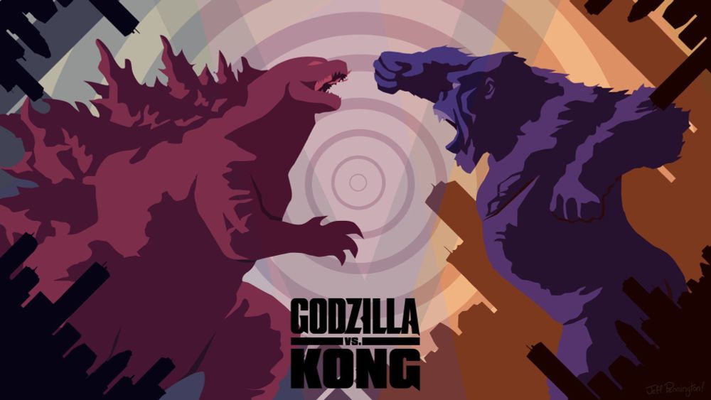 Digital minimalist graphic design poster for the film Godzilla vs. Kong by me, Jeff Pennington, artiste. Godzilla is toned in reds while King Kong is colored in blues and they're about to smash into each other all mad and whatnot like kaiju be. A stylized silhouette of a cityscape twists around them back towards a spiraling sky of circles. 