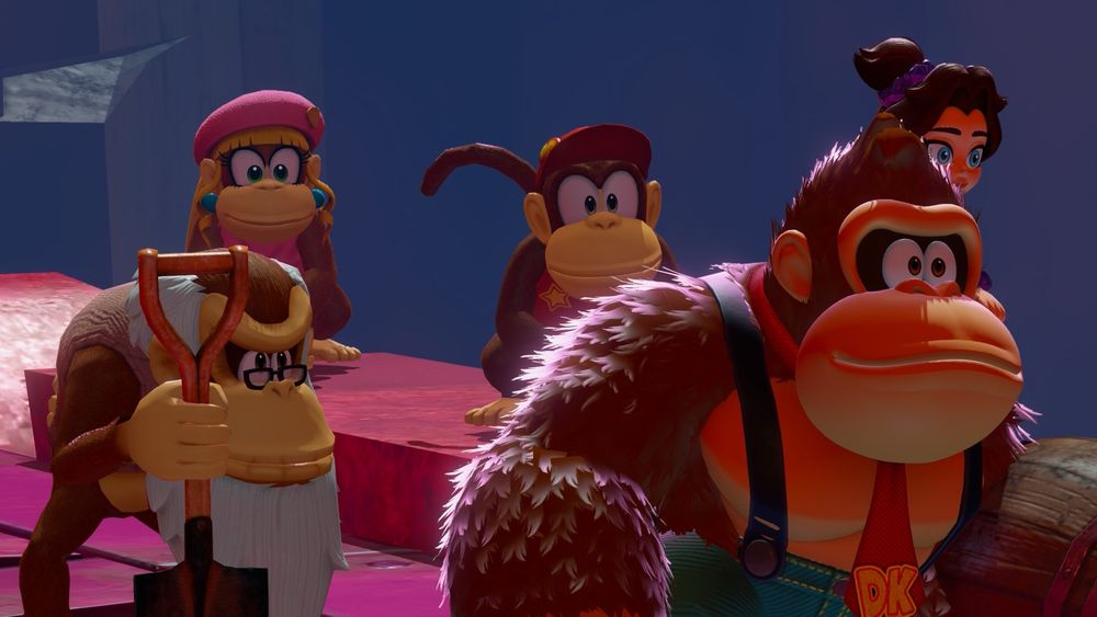 Screenshot from Donkey Kong Bananza. DK and Pauline look off into the distance together surrounded by Cranky Kong, Diddy Kong, and Dixie Kong. DK is wearing pants and suspenders which tbh I wish would become a part of his standard design from here on out.