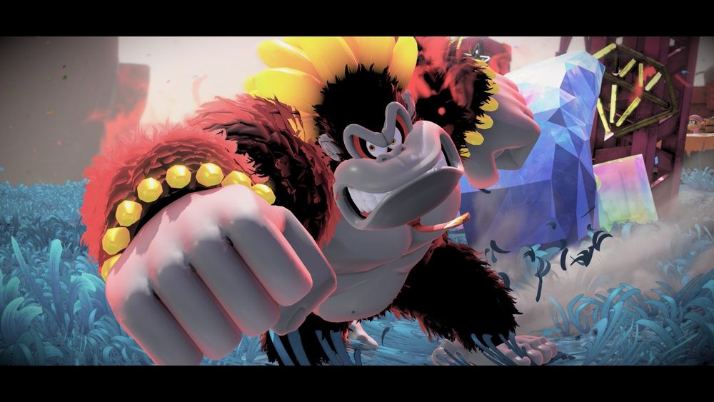 Donkey Kong Bananza screenshot. Cinematic filter shot of Kong Bananza DK throwing a big ass punch with an angry grimace on his face.