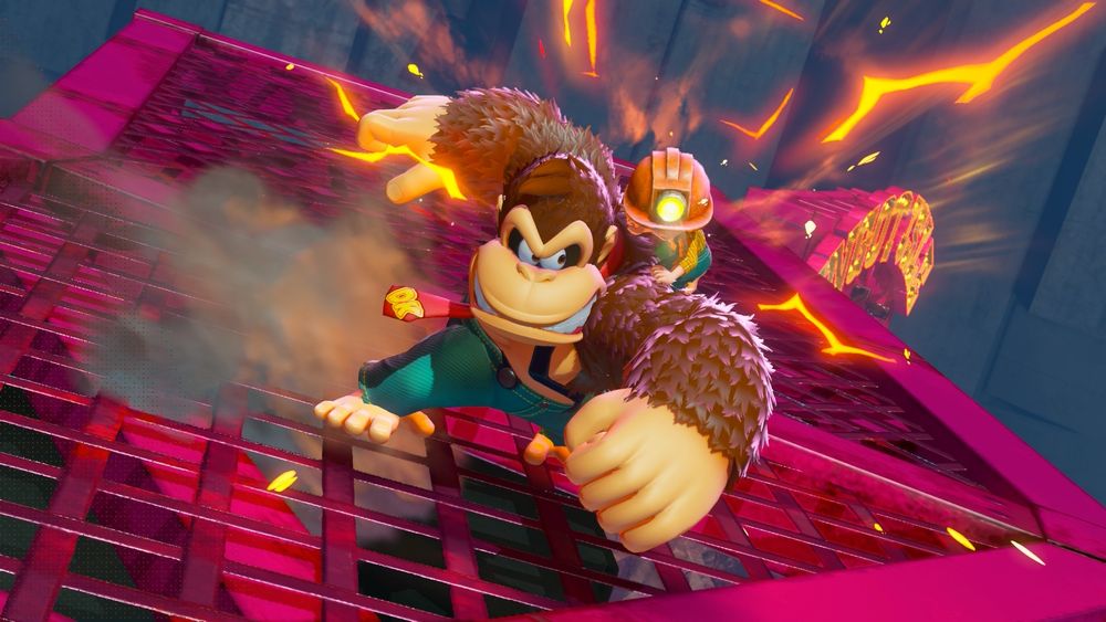 Screenshot from Donkey Kong Bananza. DK is punching the shit out of something, like he do. Pauline is hanging on for her life.