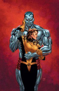 Colossus, a super hero with organic steel skin, wraps his arms around his true love, Kitty Pryde. 
