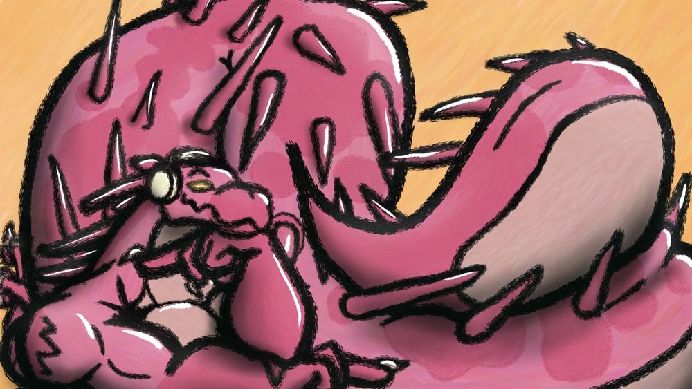 A big pink lemurian lizard man lies on his stomach with a very large tail flopped over to his side