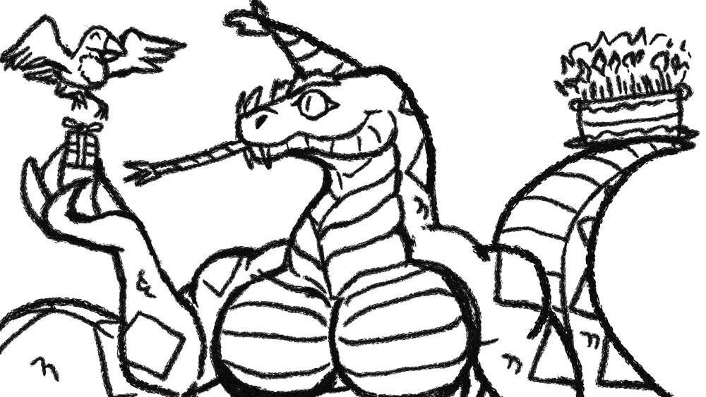 A naga blowing a parry favor looks at a lil bird giving them a tiny present. The snake is also balancing a bday cake on his tail