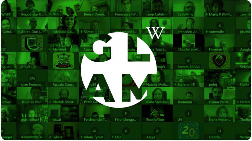 Logo GLAM-Wiki mit Menschen, die an einer Online-Veranstaltung teilnehmen.