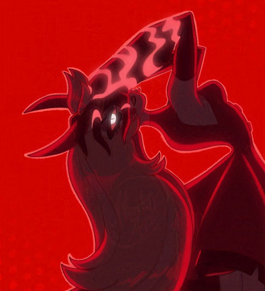 Fanart of Charlie from Hazbin Hotel.  She’s in her full demon form with her large, patterned hand. She is doing the “All your sins” pose Jinu did during the Your Idol performance.