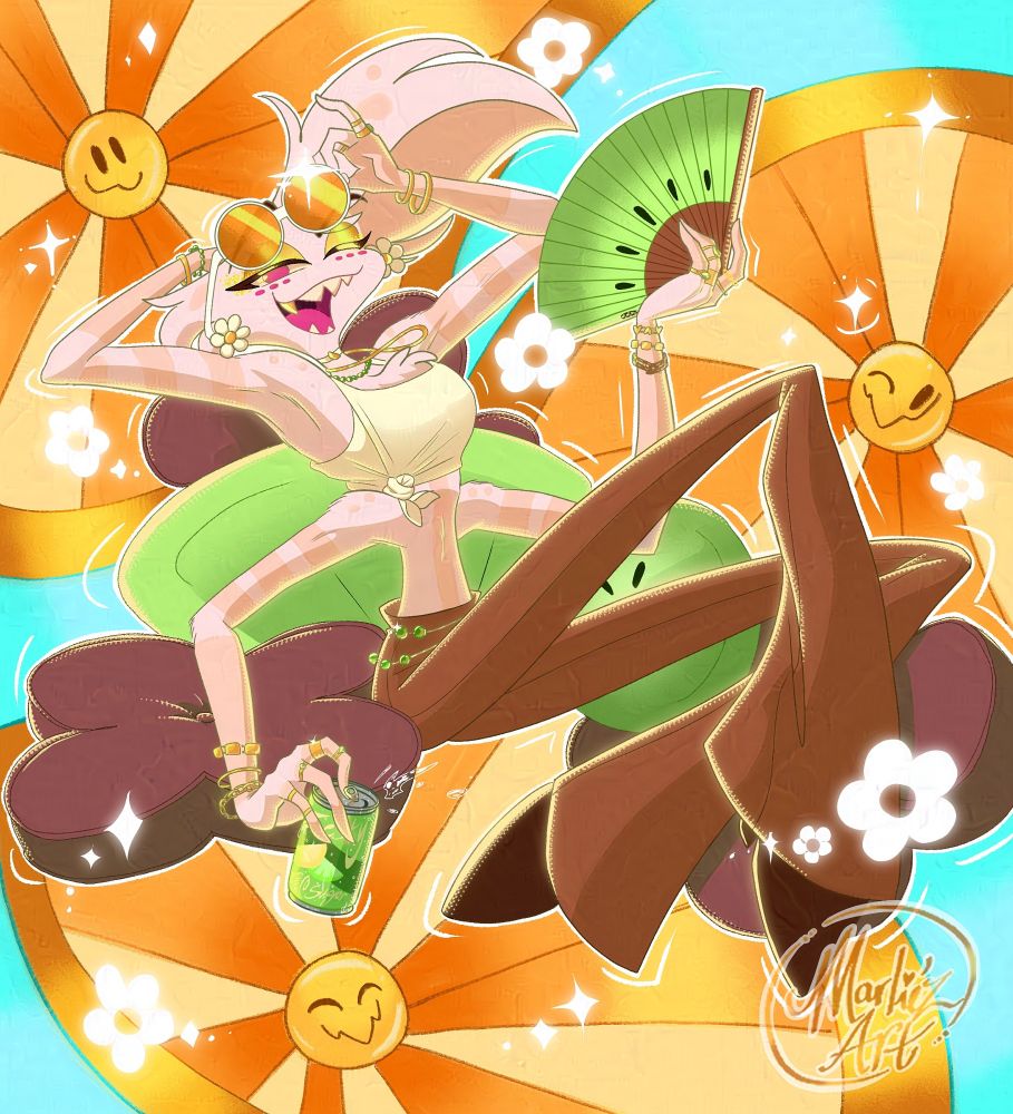 Angel from Hazbin Hotel is leaning back in fruit and flower shaped pillows, popping open some citrus soda, and holding up a green fan. He’s also lifting his sunglasses to give a wink. He’s surrounded by happy suns, daisies and sparkles. Very 1970s vibe.
