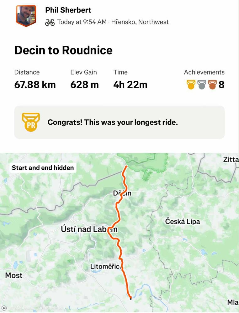 Screenshot from Strava of a cycling route in Czechia with stats. 