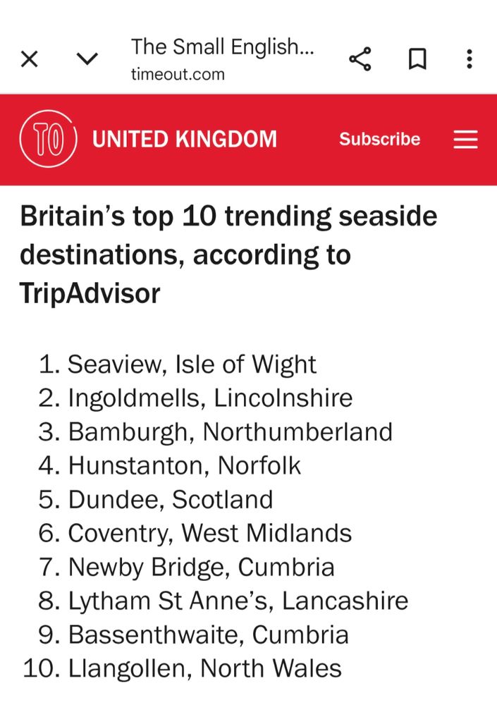 From a Time Out article: "Britain’s top 10 trending seaside destinations, according to TripAdvisor", with Coventry at Number 6. 
